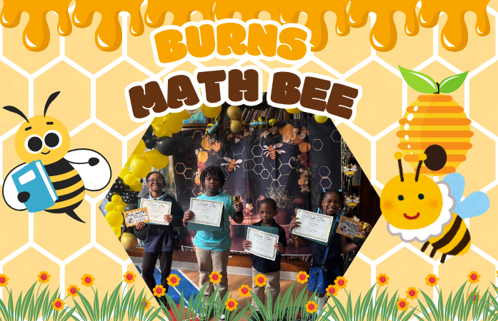 Math Bees poster with four students holding certificates with two animated bees beside them